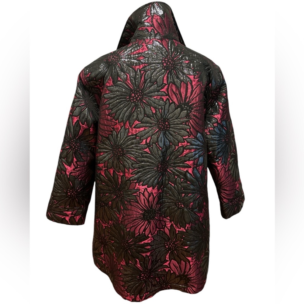 CAROLINE ROSE RED BLACK & METALLIC PEWTER LARGE BOLD FLORAL OVERSIZED JACKET L - Picture 4 of 8